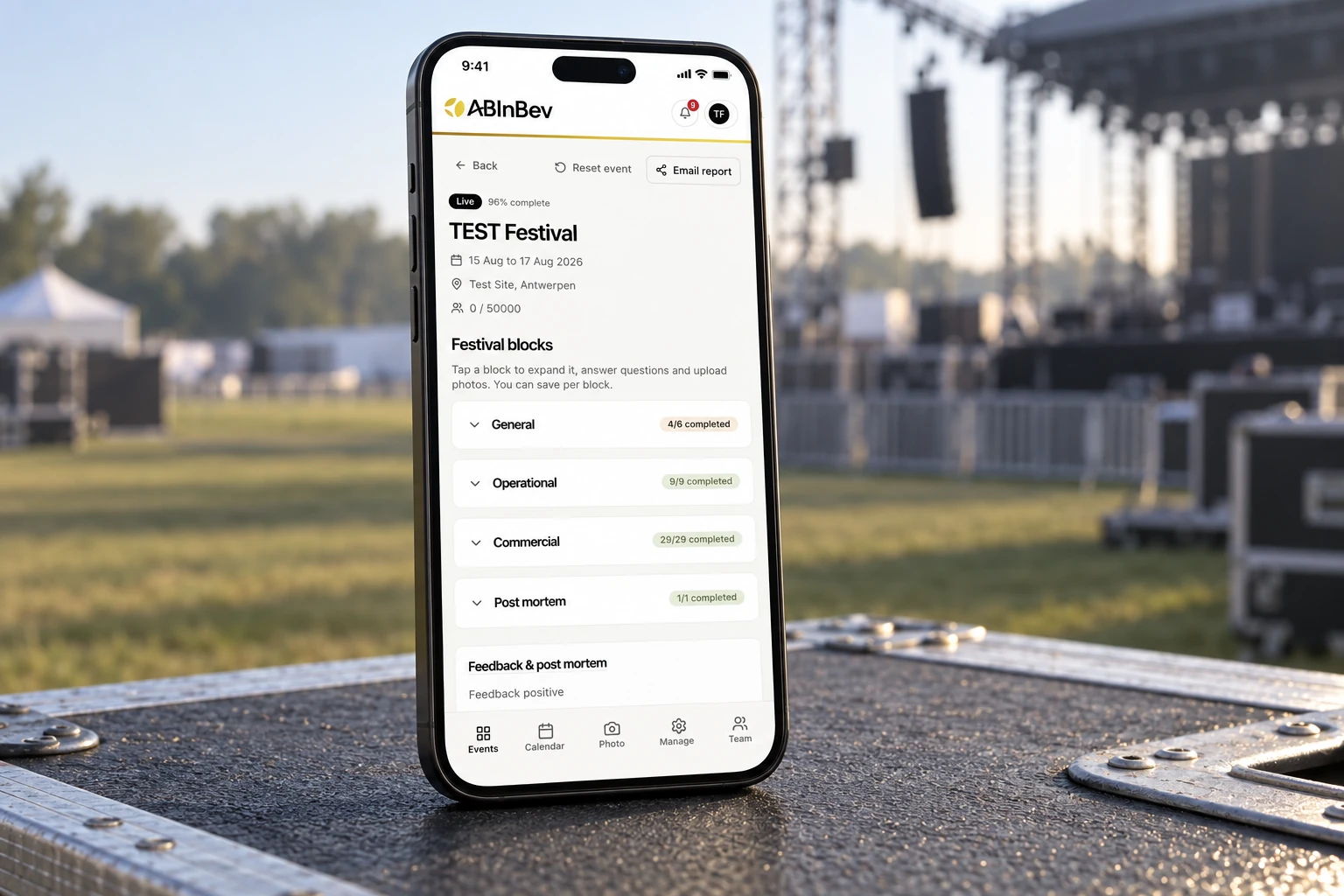 Mobiel evenementendossier, getoond met testgegevens.