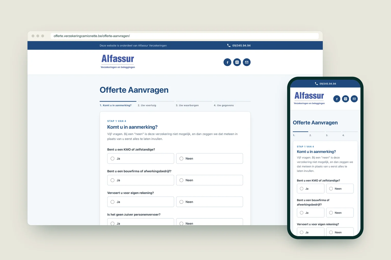 Het offerteformulier van verzekeringcamionette.be op een computer en een telefoon.