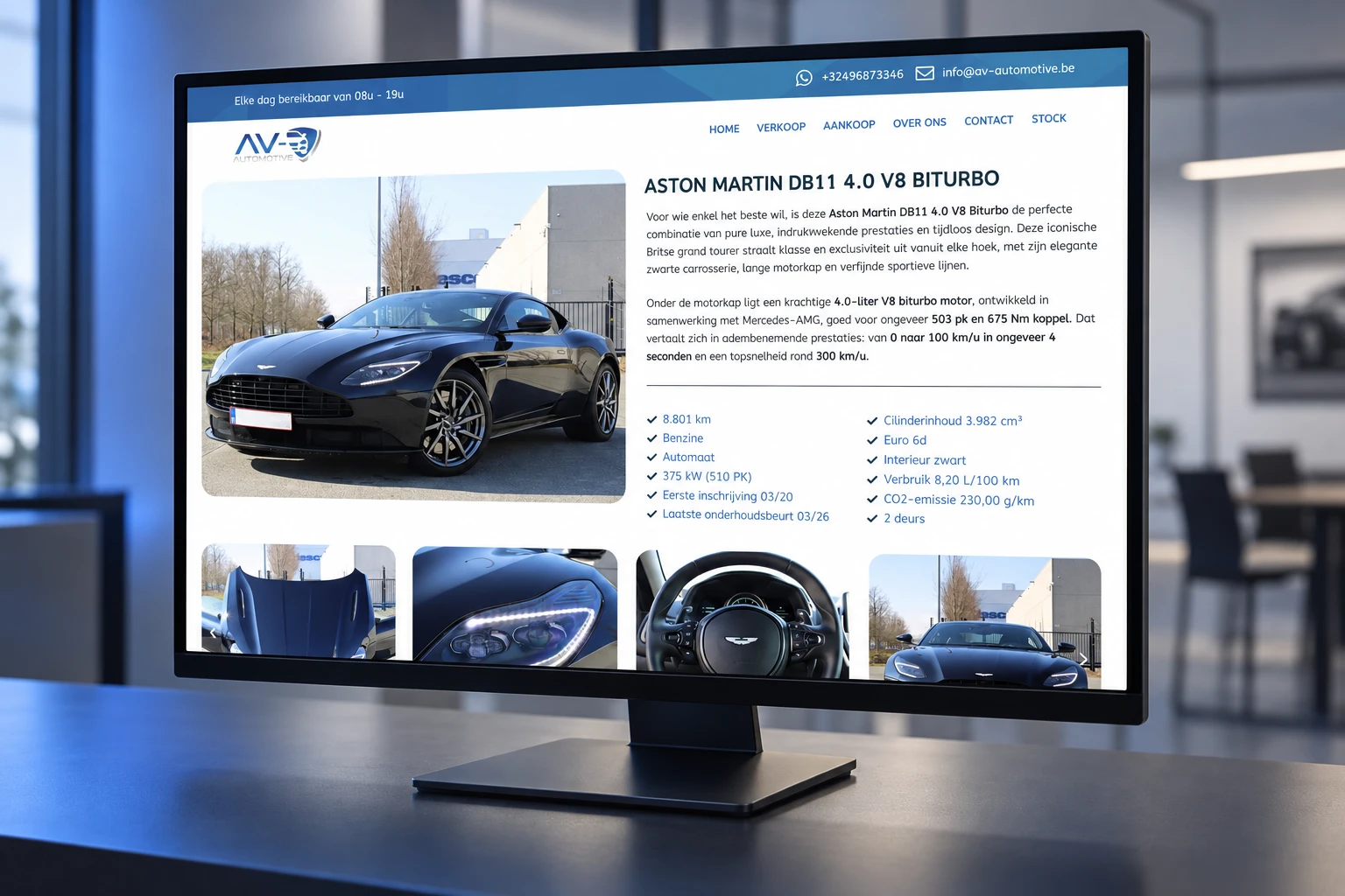 AV Automotive voertuigpagina op een desktopmonitor