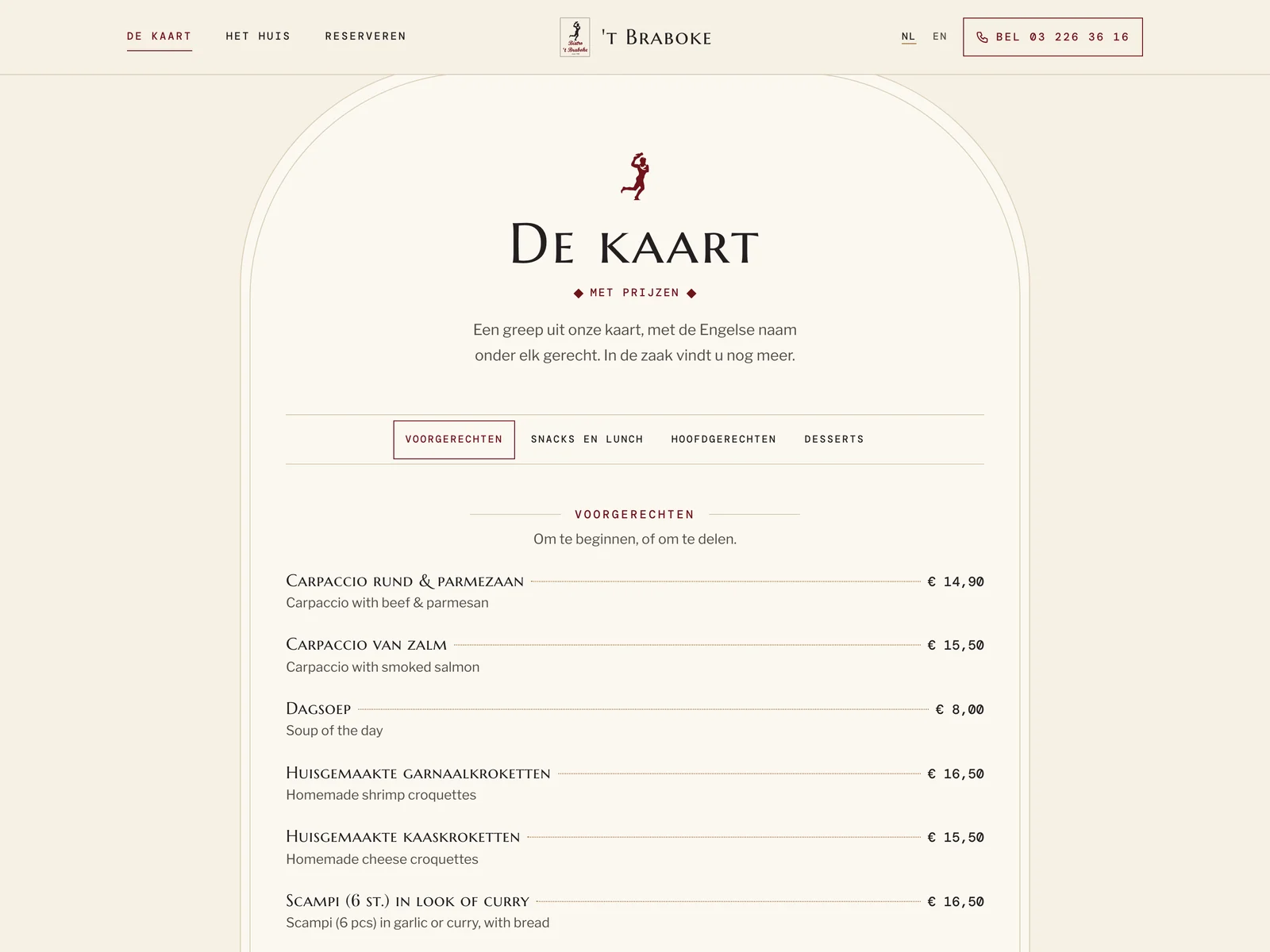 De kaart in een kader met boog, met een knop per rubriek.