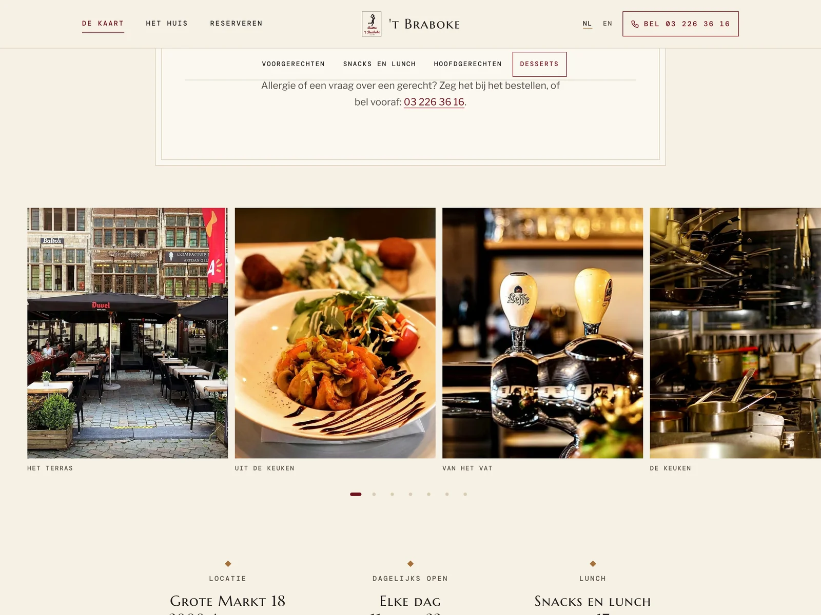 Een strook met eigen foto's van de zaak: terras, gerecht, biertap en keuken.