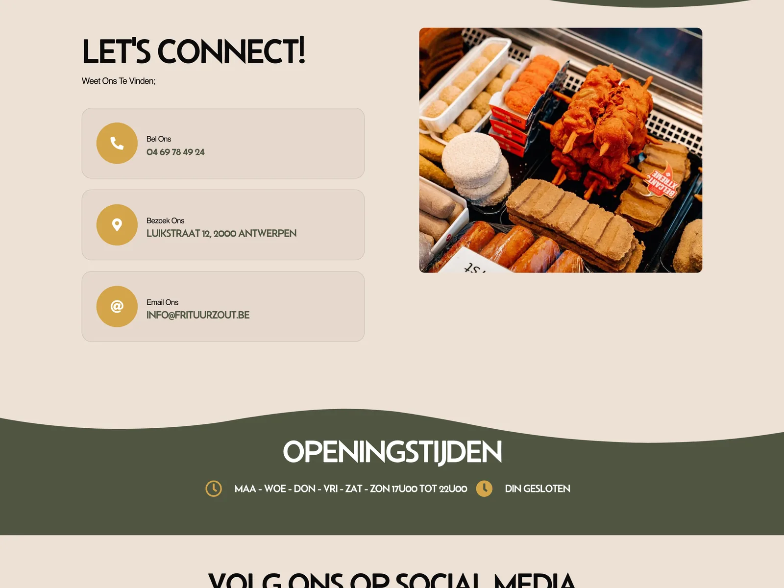Telefoonnummer, adres en mailadres naast een foto van de toonbank, met daaronder de openingstijden.