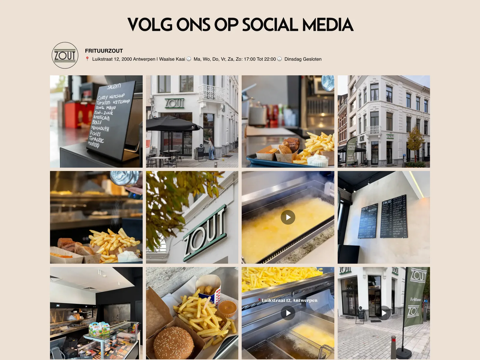 Het raster met eigen Instagramfoto's, met daarboven de openingstijden.