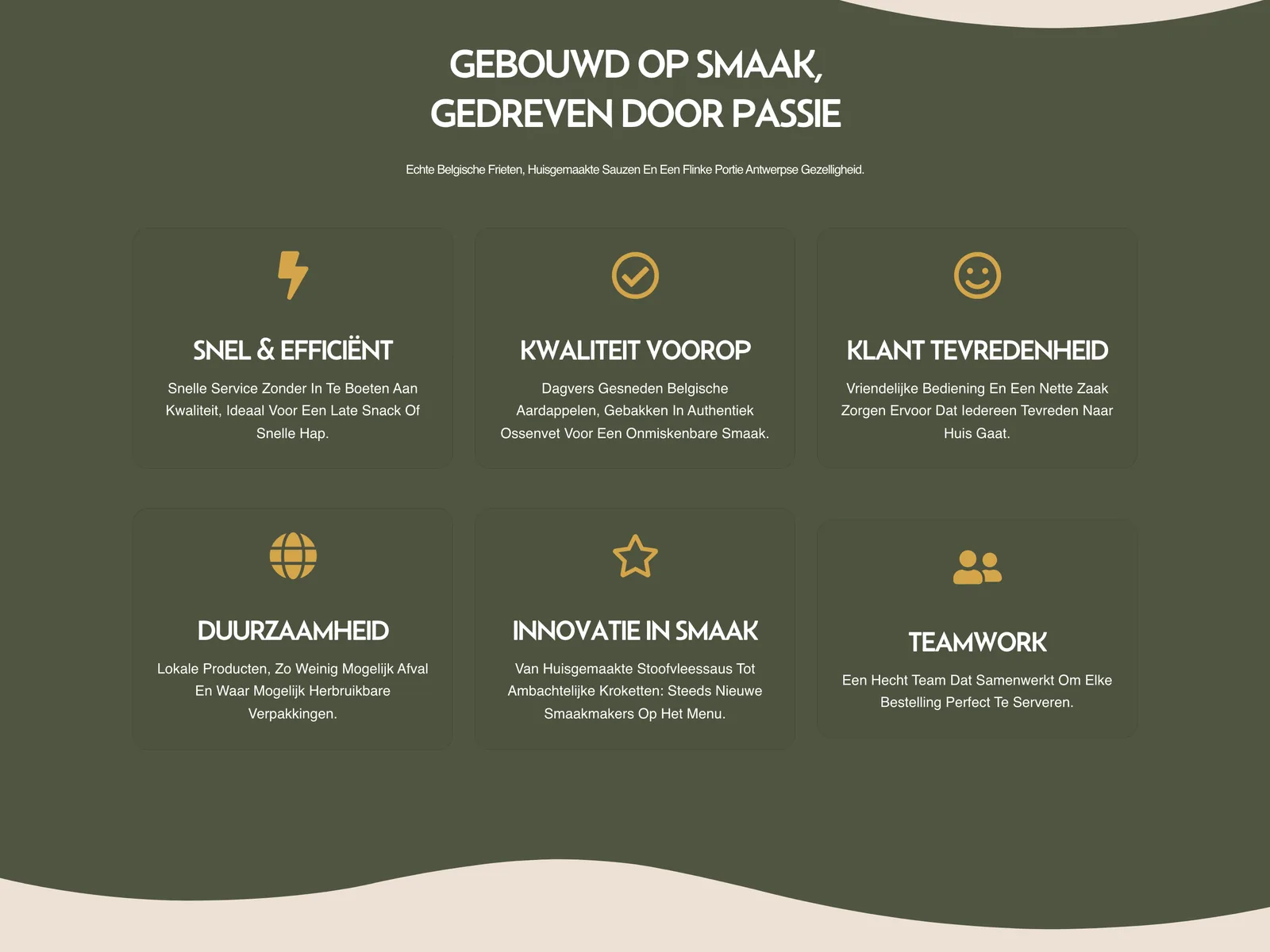 Zes kaarten over de werkwijze van Zout, op een olijfgroene achtergrond.