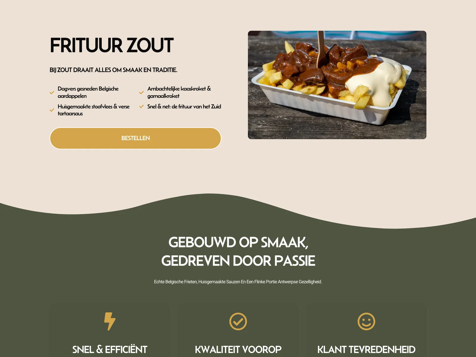 Wat Zout anders maakt, met een knop om te bestellen en een foto van stoofvlees met friet.