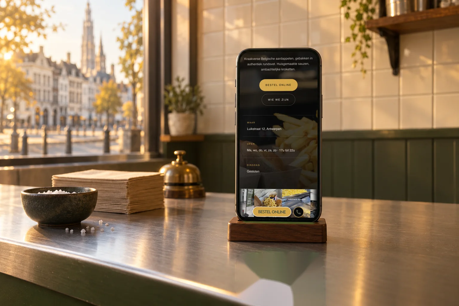 De onepager op een telefoon, met onderaan de vaste balk Bestel online.