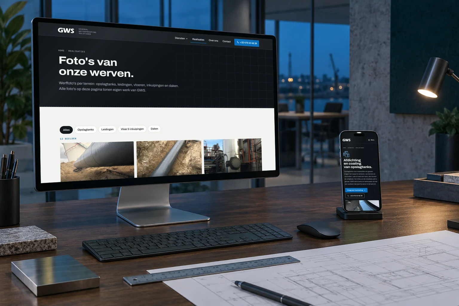 De realisatiepagina van GWS met werffoto's, te filteren per terrein