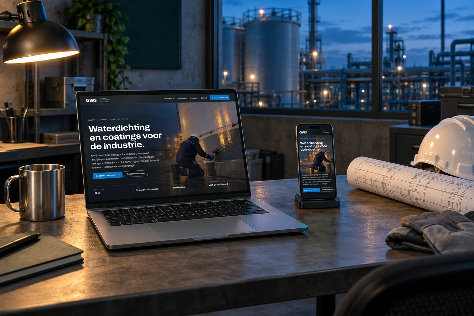 De vernieuwde website van GWS op een laptop en een telefoon