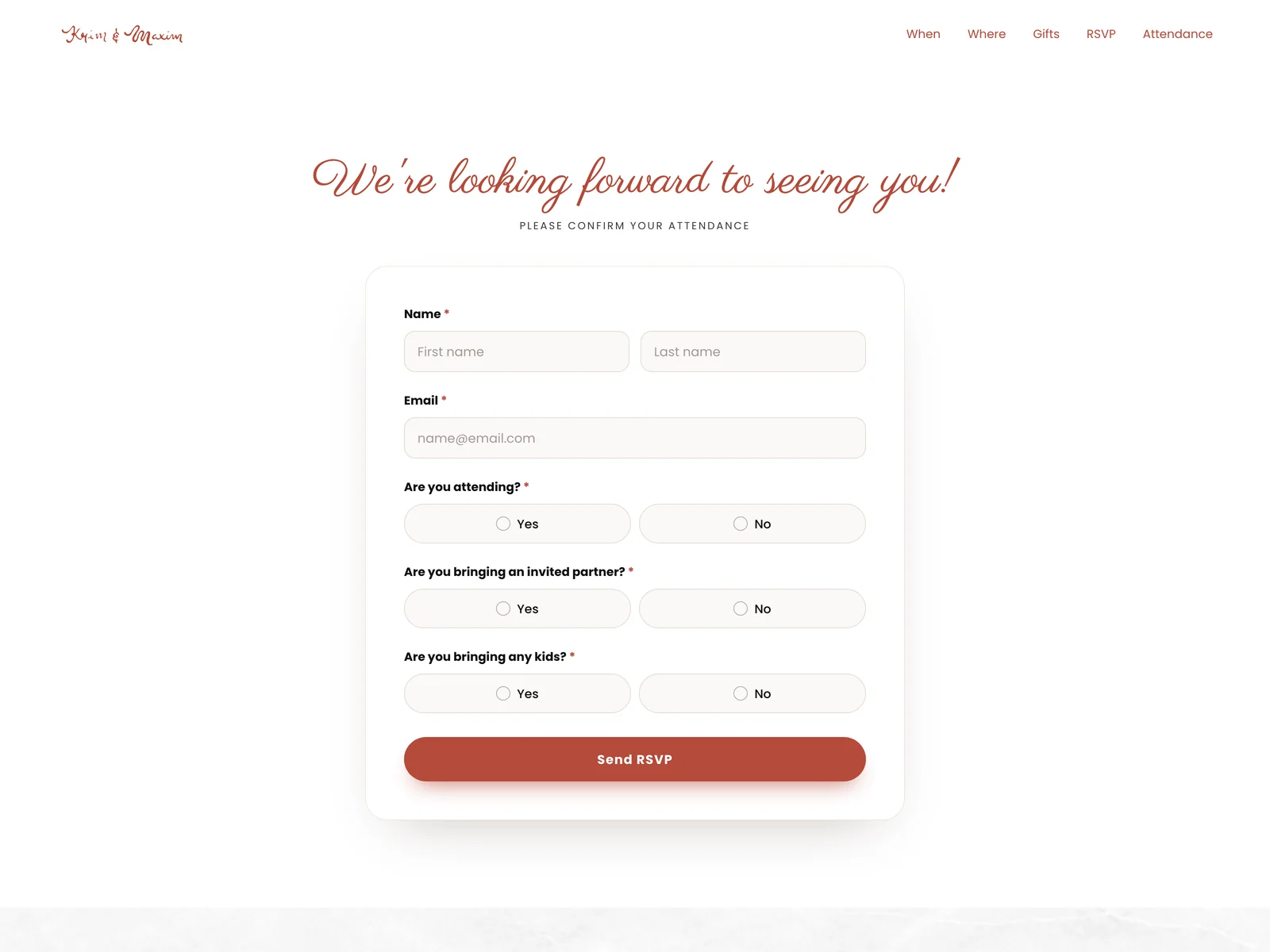Het RSVP-formulier van de trouwwebsite met keuzeknoppen.