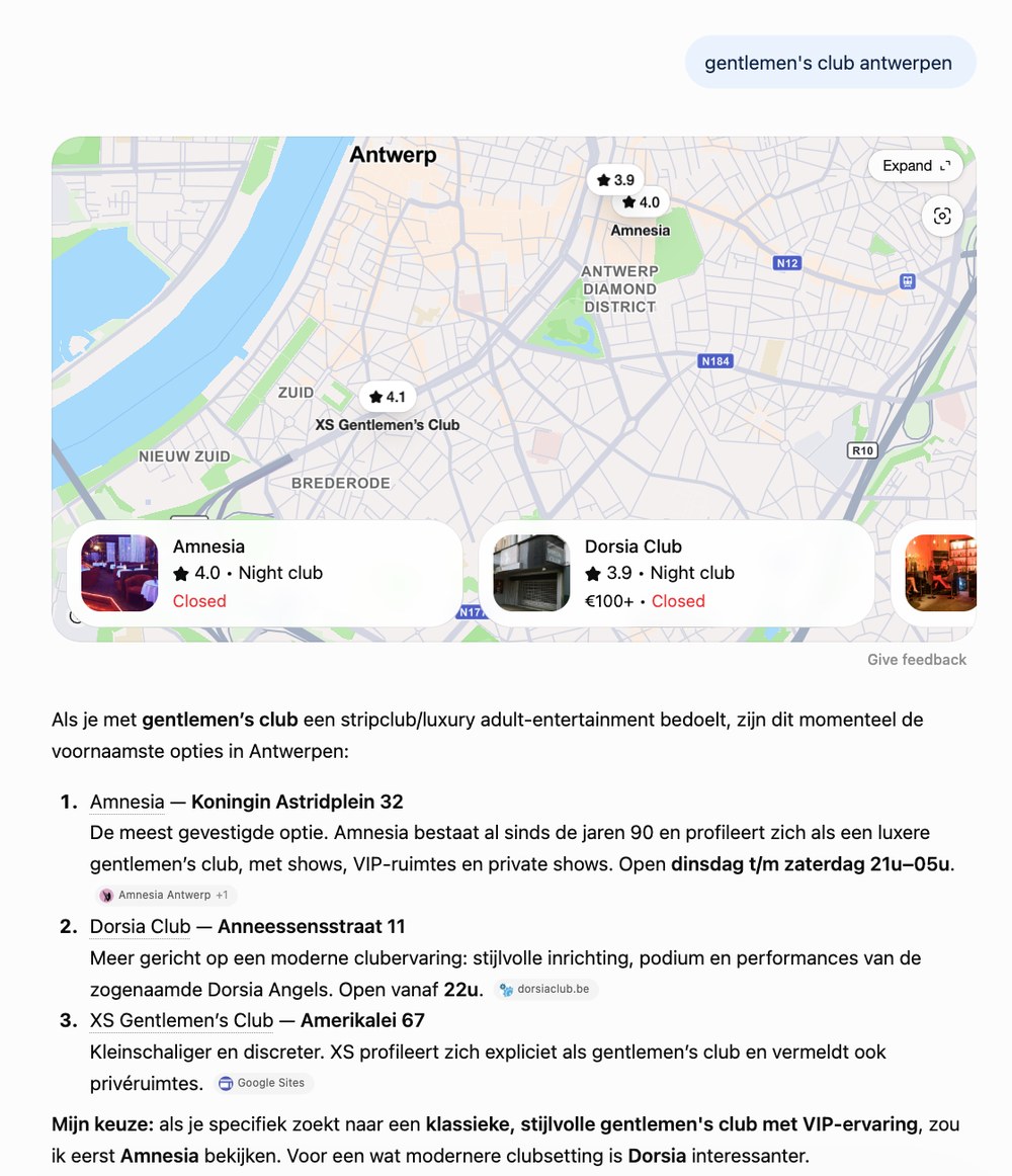 Originele ChatGPT-screenshot waarin Amnesia wordt genoemd bij de zoekvraag gentlemen’s club antwerpen