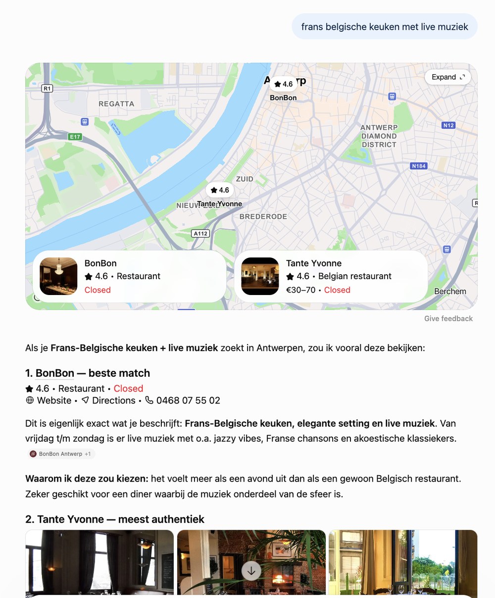 Originele ChatGPT-screenshot waarin Bonbon wordt genoemd bij de zoekvraag frans belgische keuken met live muziek