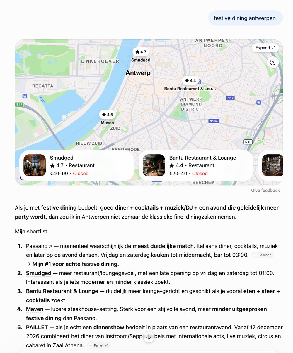 Opgeslagen ChatGPT-antwoord met Paesano als vermelding